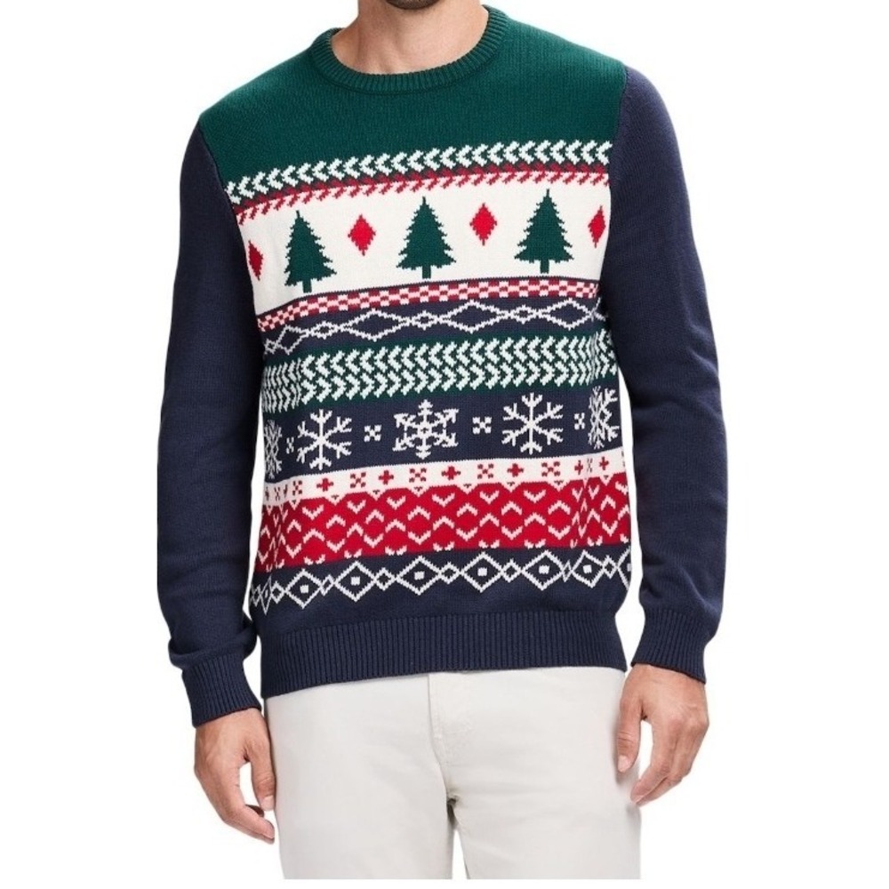 IZOD Mens Holiday Christmas Tree Snowflake Navy Crewneck Sweater 2XL NEW